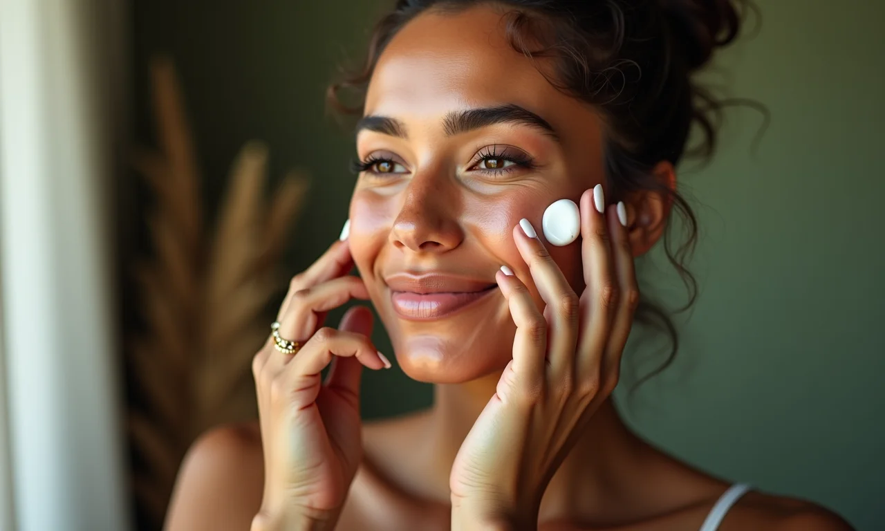 Mulher hidratando o rosto com creme hidratante.