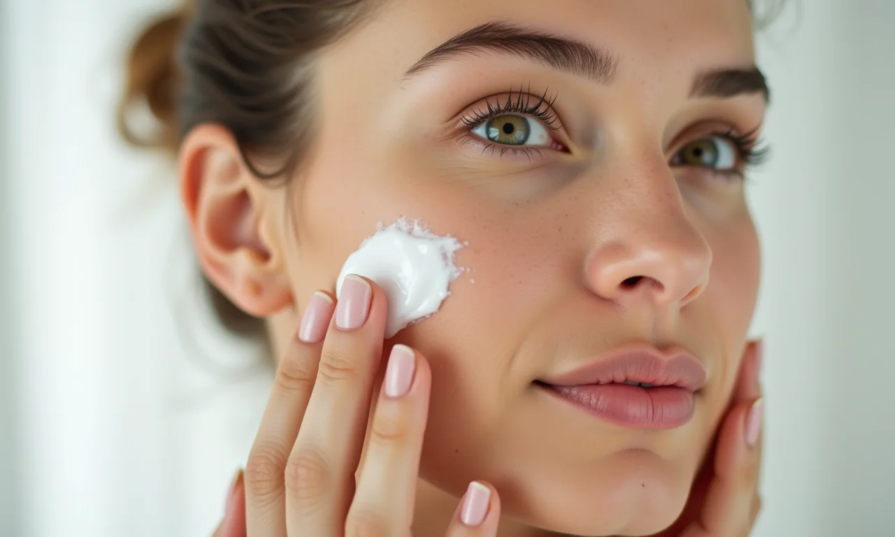 Mulher hidratando o rosto com creme, pele hidratada e saudável.