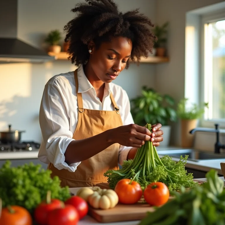 Mulher higienizando vegetais para preparar marmitas