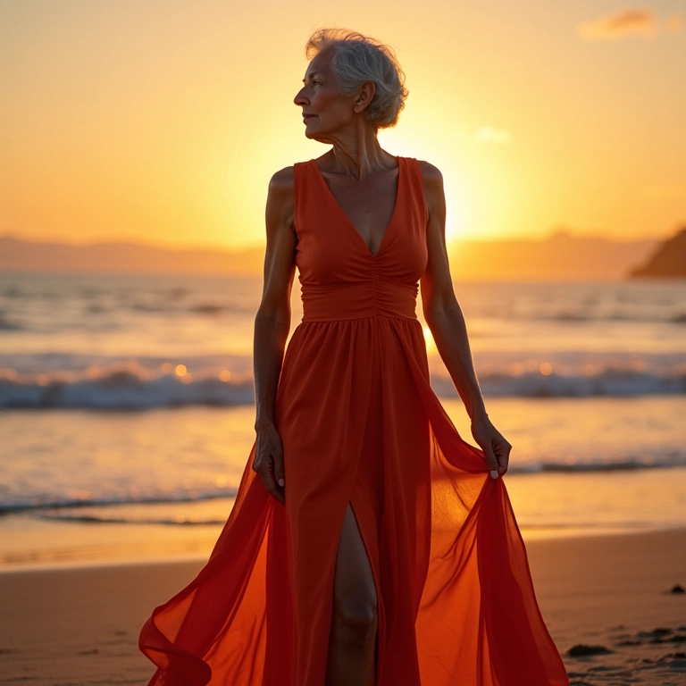 Mulher idosa em vestido longo com fenda em uma praia na Bahia.