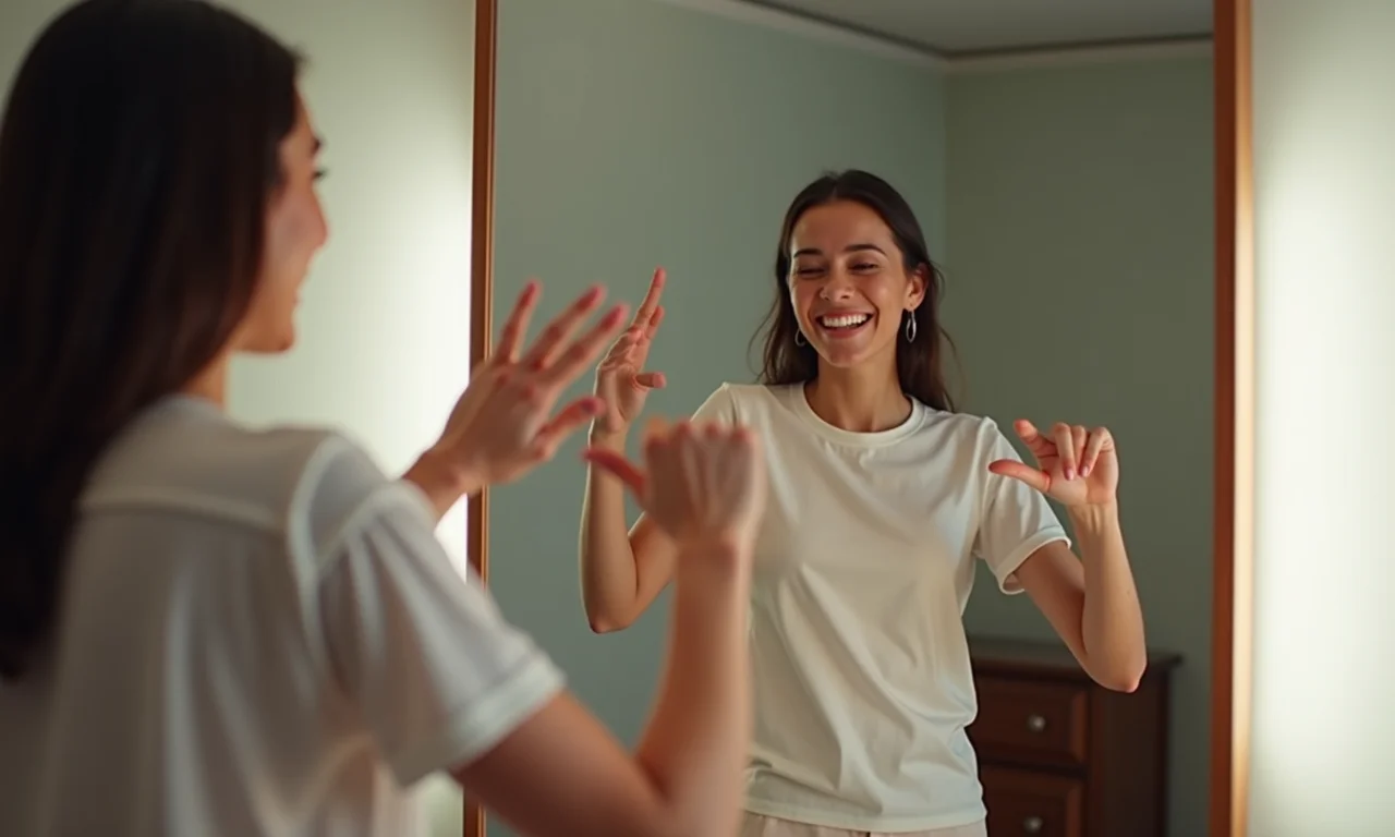 Mulher imitando movimentos de dança em frente ao espelho.