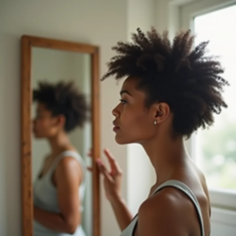 Mulher indecisa sobre cortar ou deixar o cabelo crescer durante a transição.