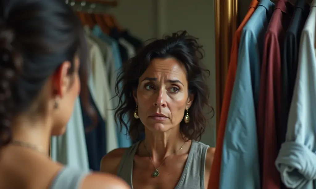 Mulher indecisa sobre qual roupa usar, refletindo sobre o impacto da moda na sua aparência.