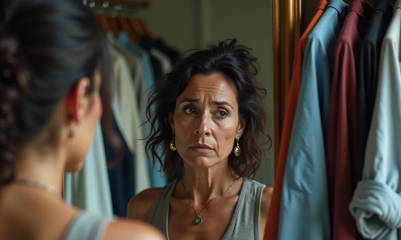 Mulher indecisa sobre qual roupa usar, refletindo sobre o impacto da moda na sua aparência.