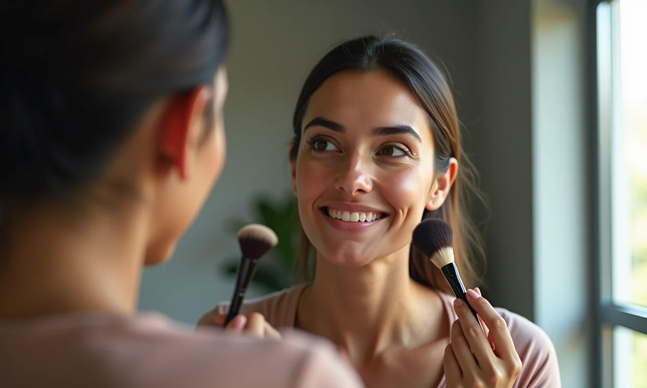 Mulher indecisa sobre usar iluminador no queixo