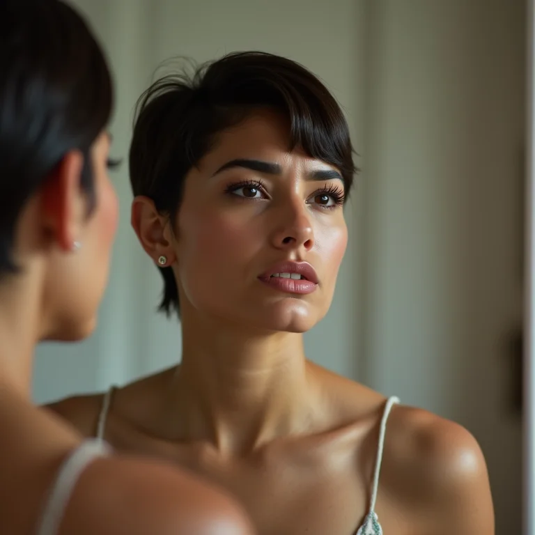 Mulher insatisfeita com o corte de cabelo curto