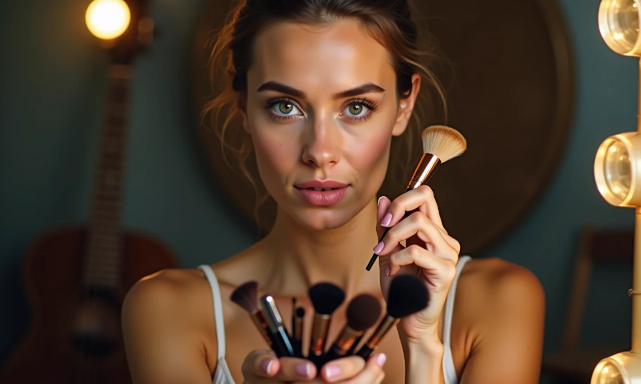Mulher inspecionando a sujeira acumulada em seus pincéis de maquiagem.