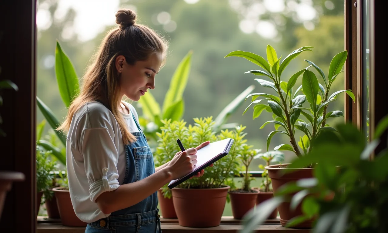 Mulher inspecionando plantas na varanda sombreada, com anotações.