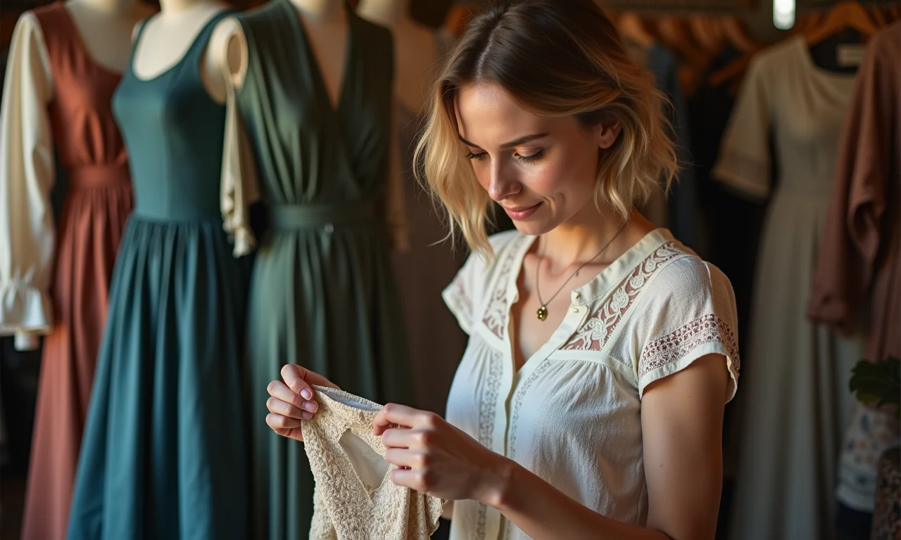 Mulher inspecionando qualidade de vestido vintage em bazar.