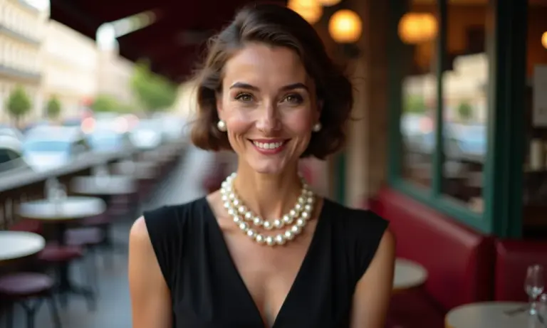 Mulher inspirada em Audrey Hepburn em café parisiense, vestindo um elegante vestido preto e pérolas.