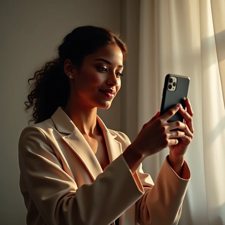 Mulher interagindo com o celular, lives e stories