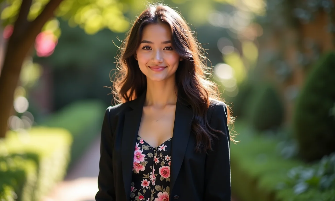 Mulher jovem com blazer preto e vestido floral em um jardim.