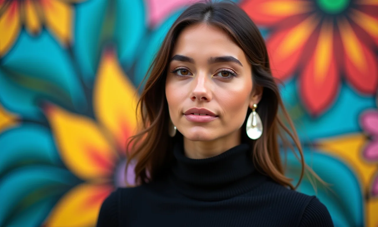 Mulher jovem com gola alta preta e brincos statement coloridos em frente à arte de rua vibrante no Rio de Janeiro.