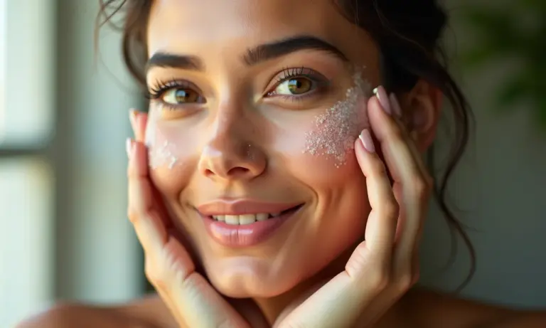 Mulher jovem com pele radiante, tocando suavemente o rosto.