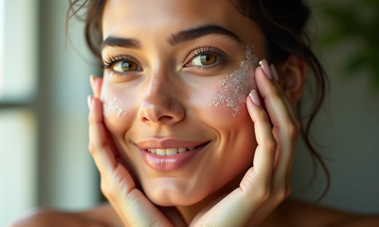 Mulher jovem com pele radiante, tocando suavemente o rosto.