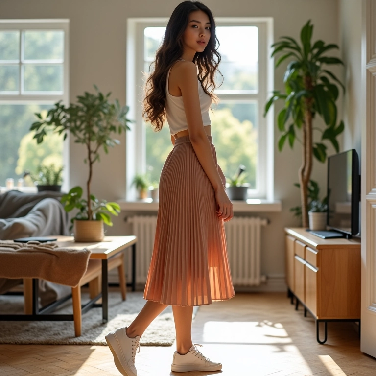 Mulher jovem com saia midi plissada e tênis em apartamento moderno com decoração brasileira.