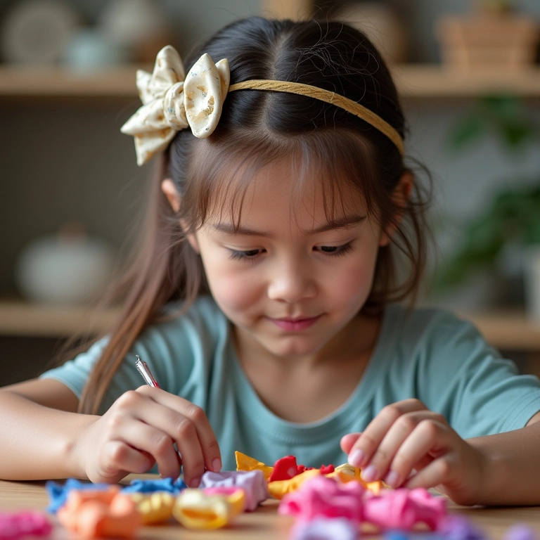Mulher jovem criando laços e acessórios de cabelo coloridos em seu ateliê em casa.