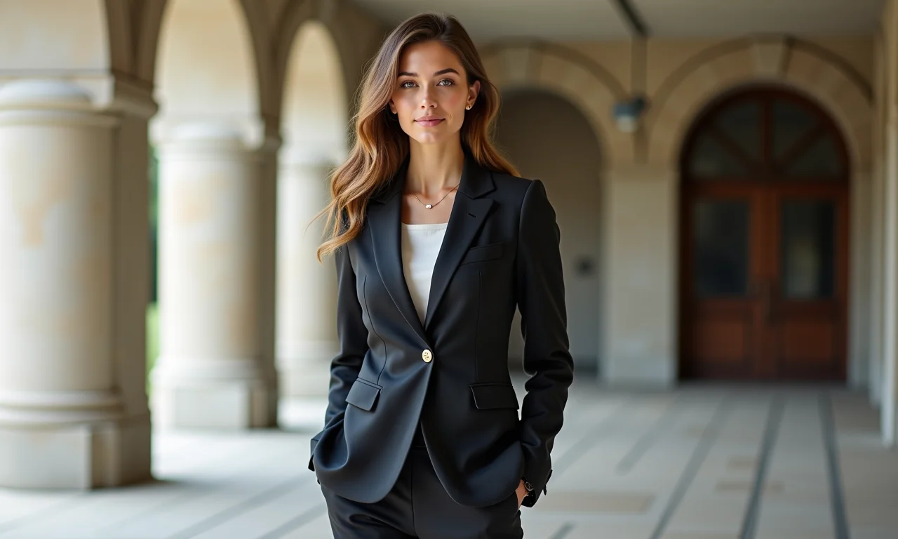 Mulher jovem em conjuntinho de alfaiataria moderna com fundo arquitetônico.
