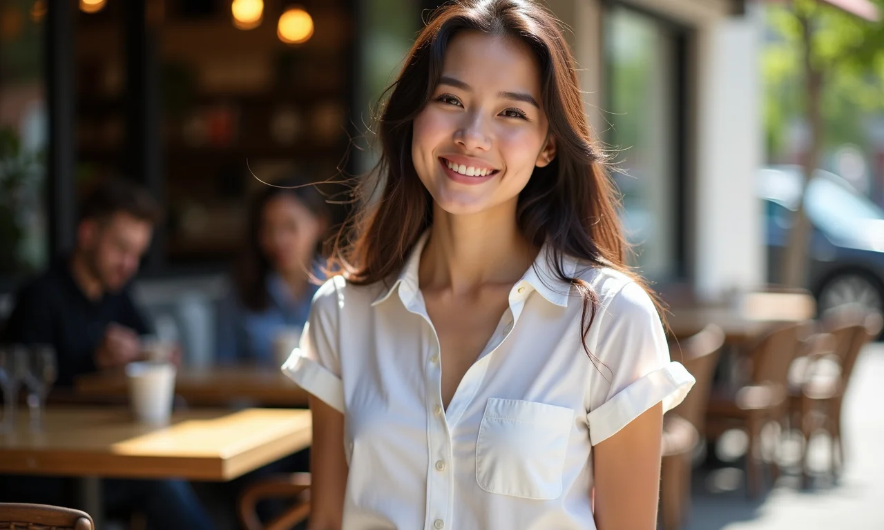 Mulher jovem usando blusa de manga curta em um café ensolarado.
