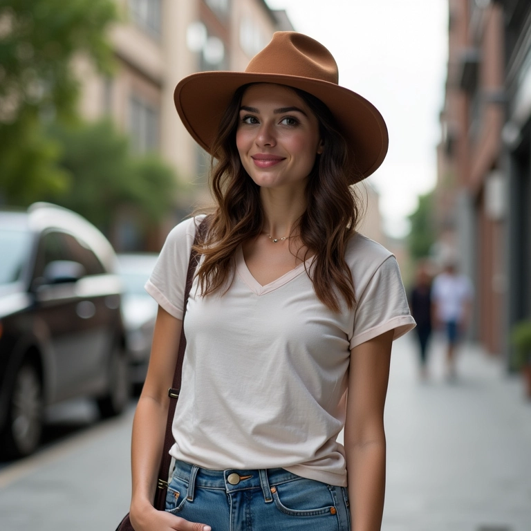Mulher jovem usando chapéu borsalino com calça jeans e camiseta em ambiente urbano.