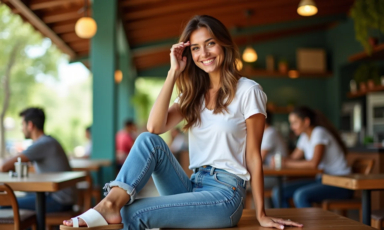 Mulher jovem usando sandálias papete com jeans e camiseta.