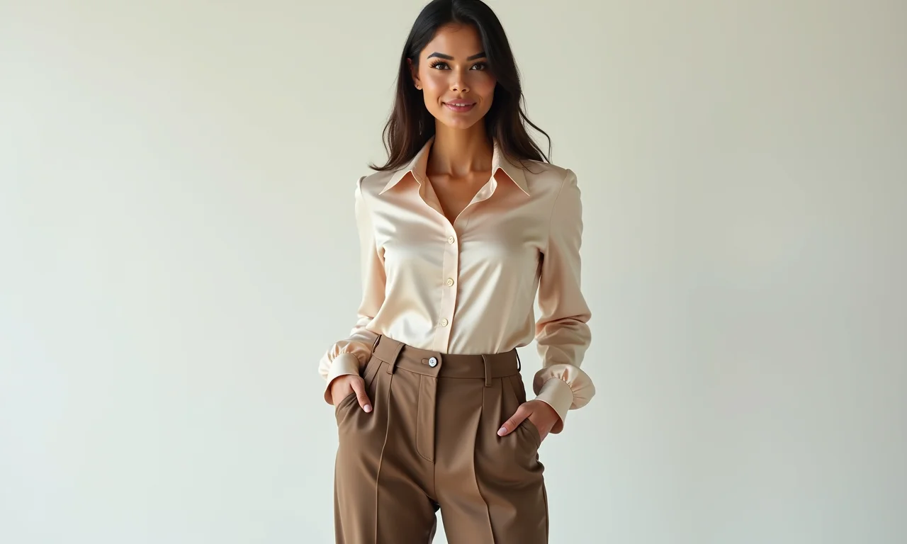 Mulher latina elegante com calças de cintura alta e blusa de seda em estúdio.