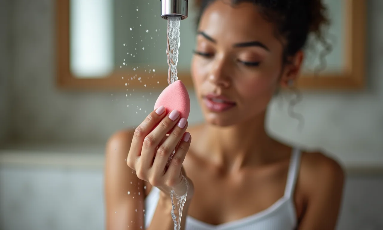 Mulher lavando uma esponja de maquiagem sob água corrente.