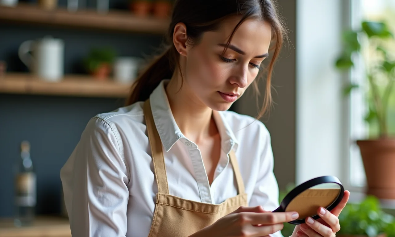 Mulher lendo rótulo de alimento com lupa, buscando açúcares ocultos.