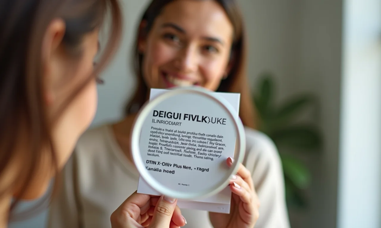 Mulher lendo rótulo de produto cruelty-free com lupa.