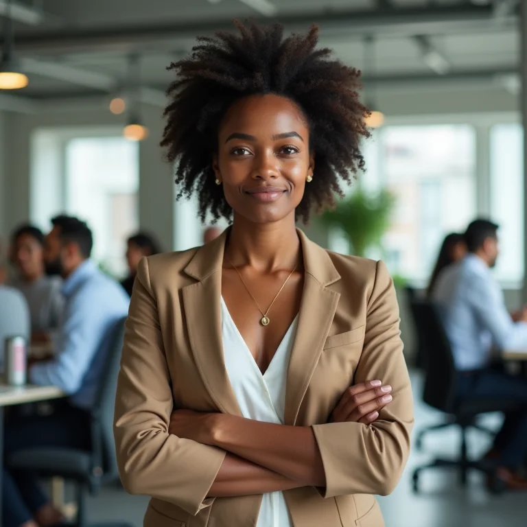 Mulher liderando equipe em escritório moderno