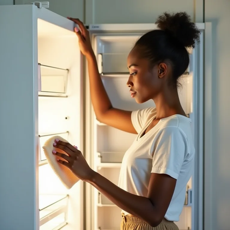Mulher limpando a geladeira com um pano.