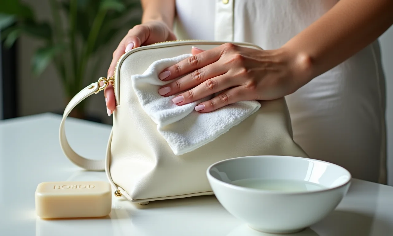 Mulher limpando bolsa de couro branca com água e sabão neutro.
