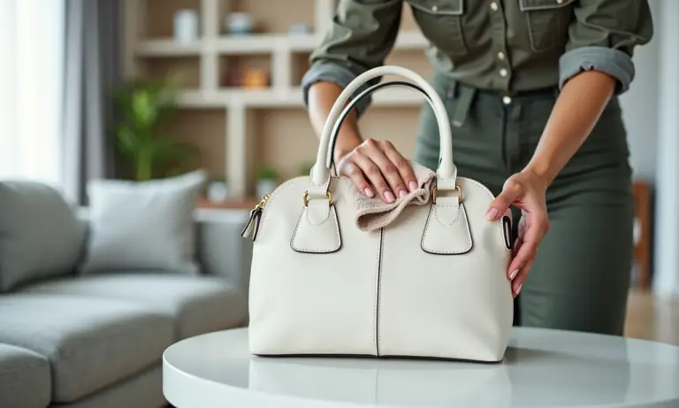 Mulher limpando bolsa de couro branca encardida com pano macio.