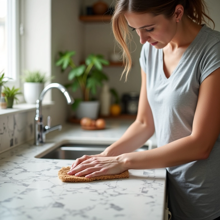 Mulher limpando facilmente azulejo português na cozinha.
