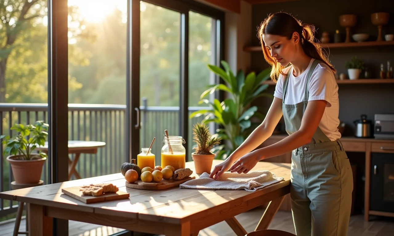 Mulher limpando mesa de demolição com produtos naturais.