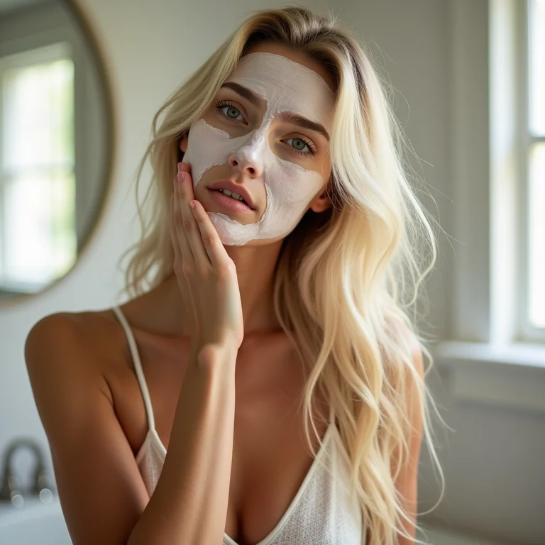 Mulher loira aplicando máscara capilar caseira no banheiro