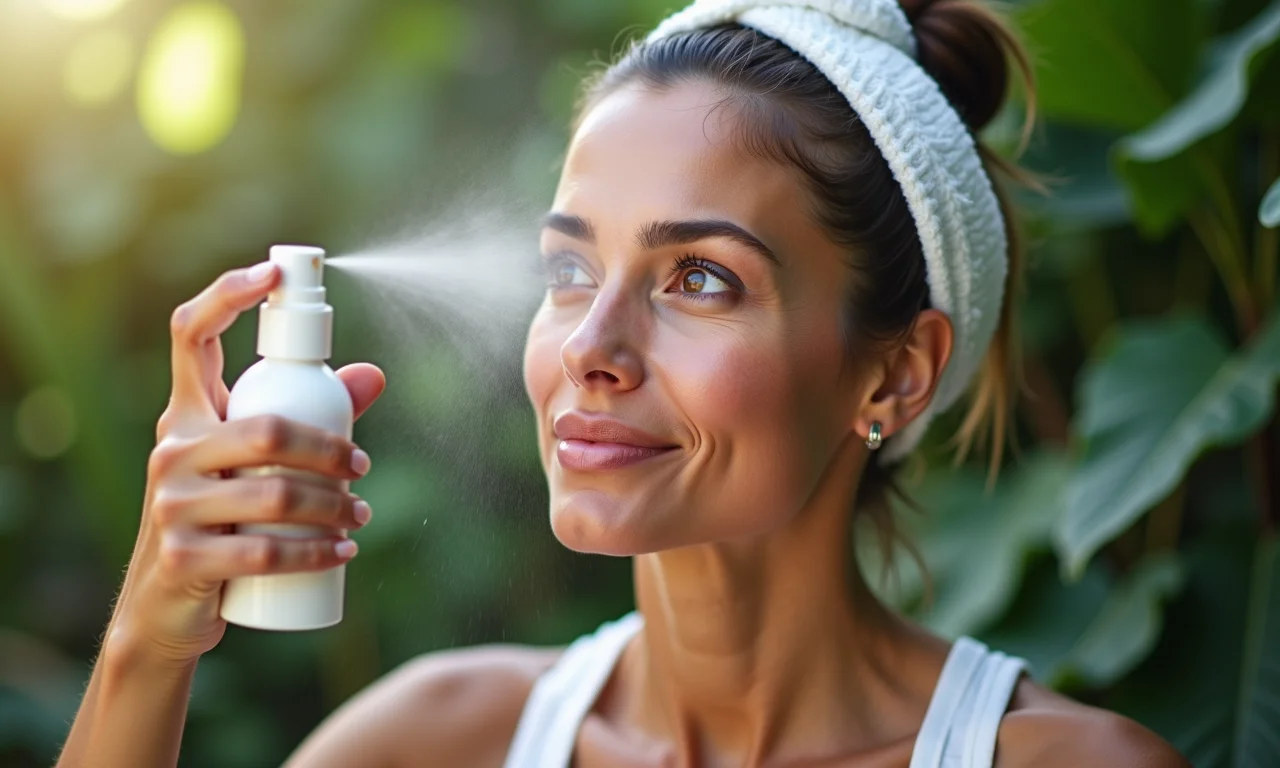 Mulher madura acalmando a pele irritada com água termal.