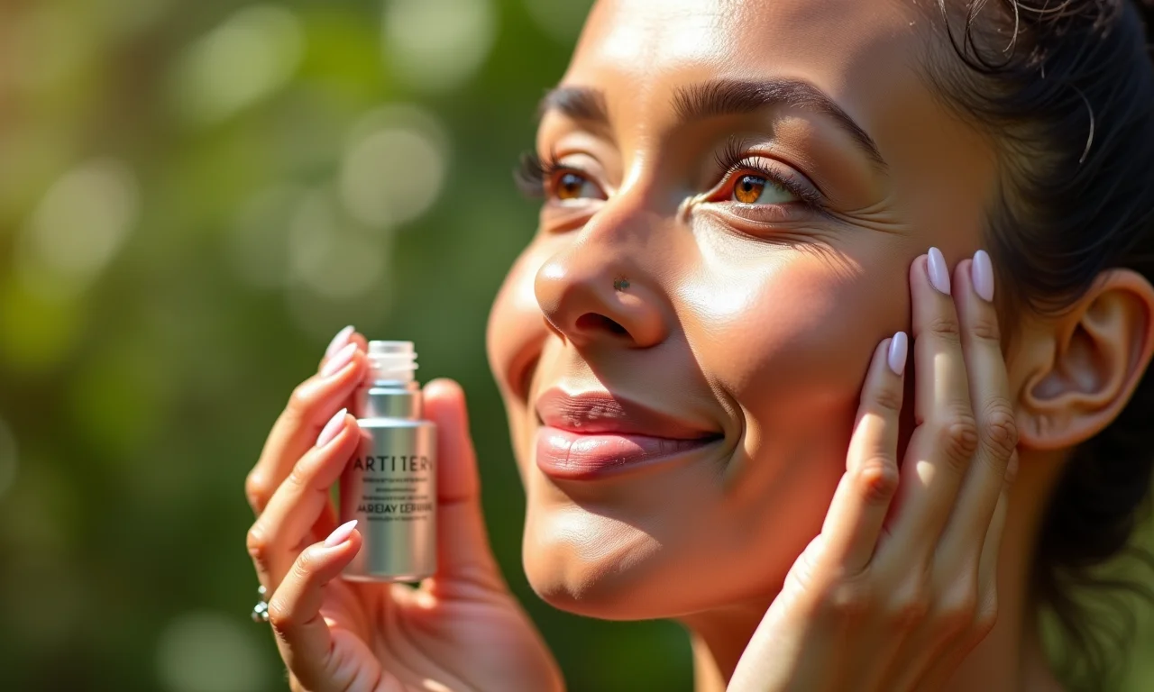 Mulher madura aplicando sérum facial anti-idade, mostrando a textura da pele.