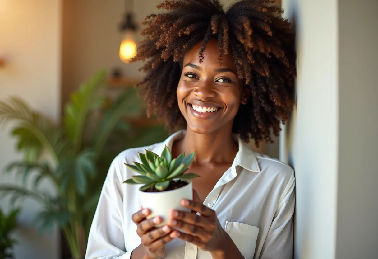 Mulher madura e radiante segurando planta, simbolizando fertilidade após os 40