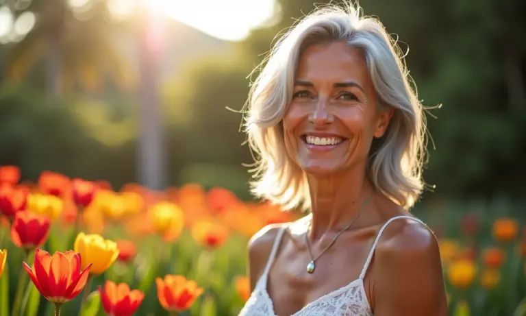 Mulher madura exibe com orgulho seus cabelos grisalhos em um jardim ensolarado.