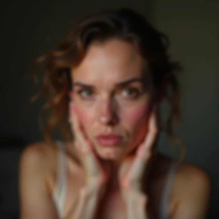 Mulher madura parda aplicando blush em ambiente mal iluminado, com aparência pálida.