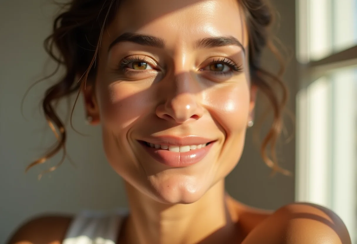 Mulher madura radiante com maquiagem suave e natural