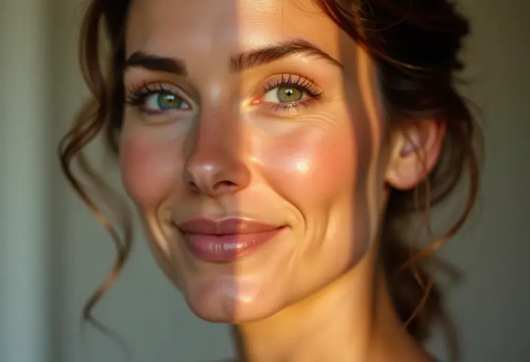 Mulher madura sorrindo com maquiagem leve e radiante.