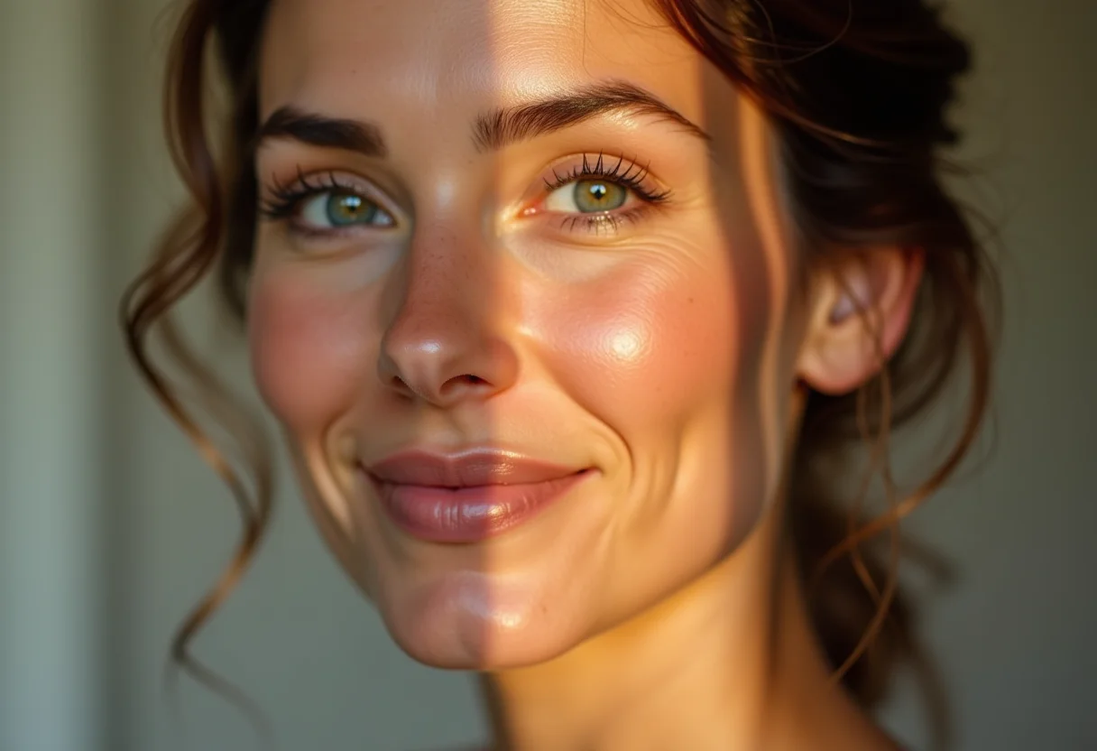 Mulher madura sorrindo com maquiagem leve e radiante.