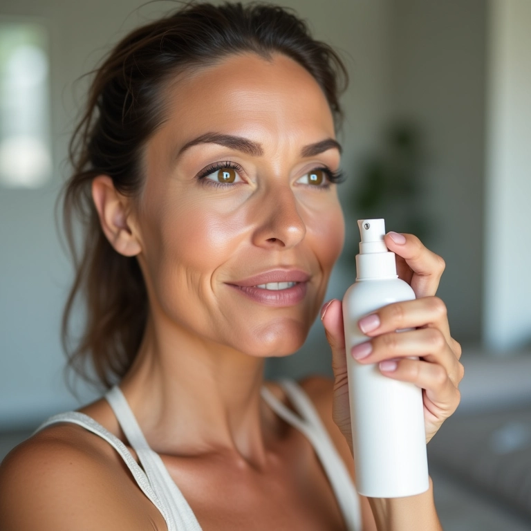 Mulher madura usando spray fixador: maquiagem duradoura para pele madura.