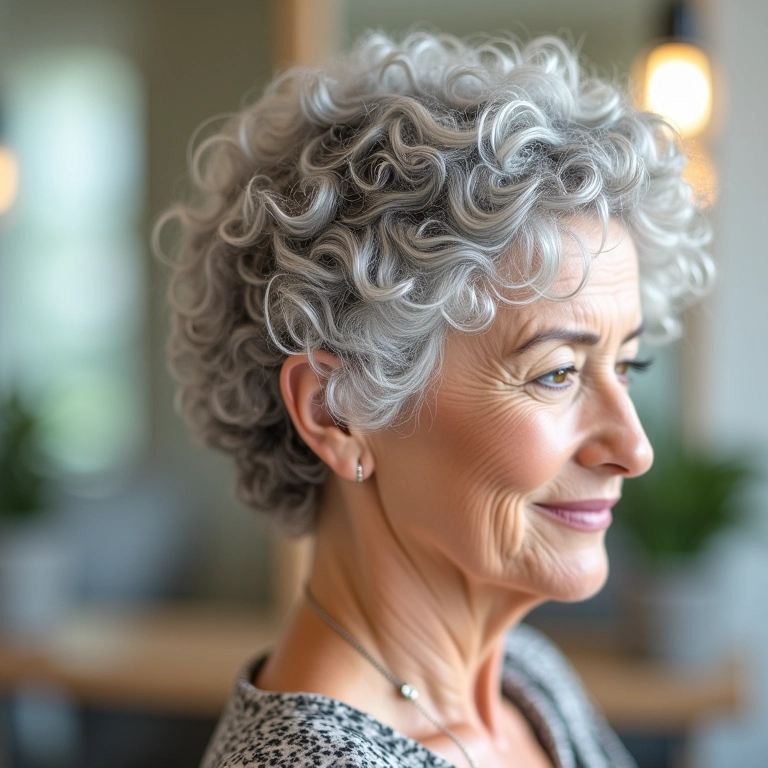 Mulher mais velha usando grampos estrategicamente para levantar a raiz do cabelo cacheado curto.