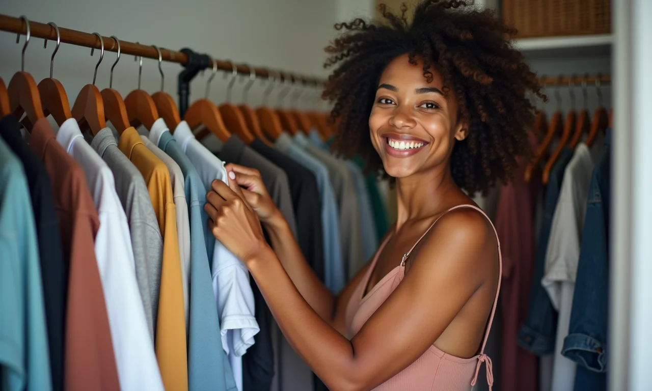 Mulher mantendo a organização do guarda-roupa como rotina.