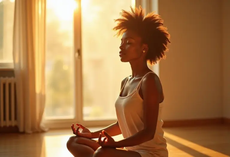 Mulher meditando à luz do sol, representando intuição feminina