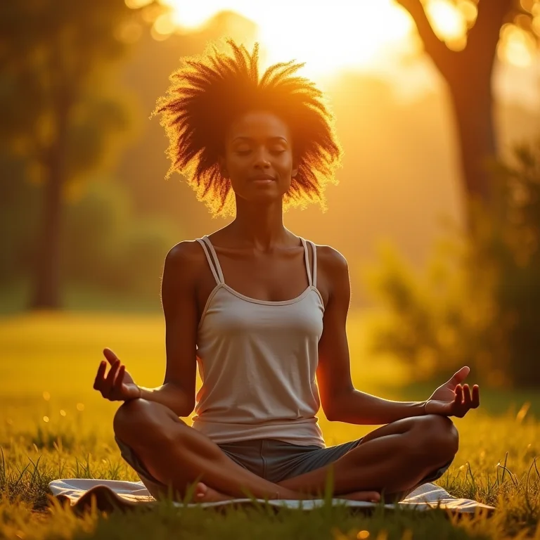 Mulher meditando ao ar livre em um ambiente natural sereno.