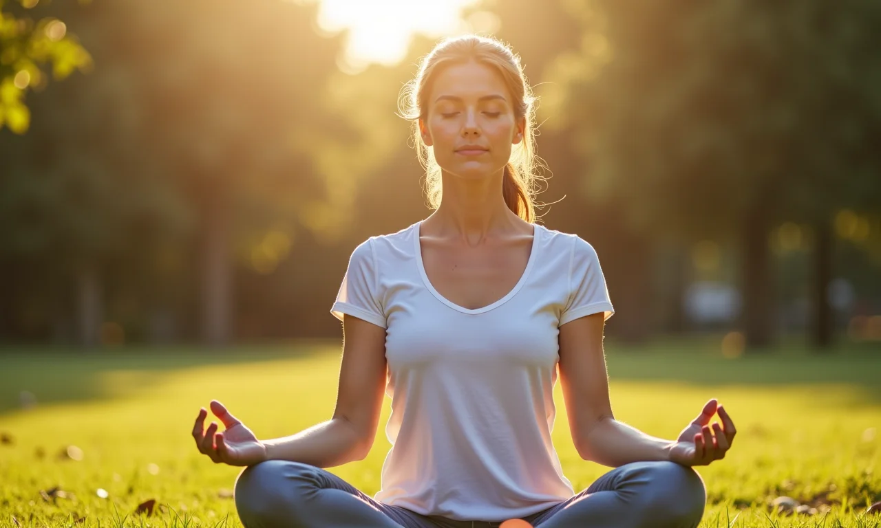 Mulher meditando ao ar livre, praticando técnicas de relaxamento para controlar o estresse.